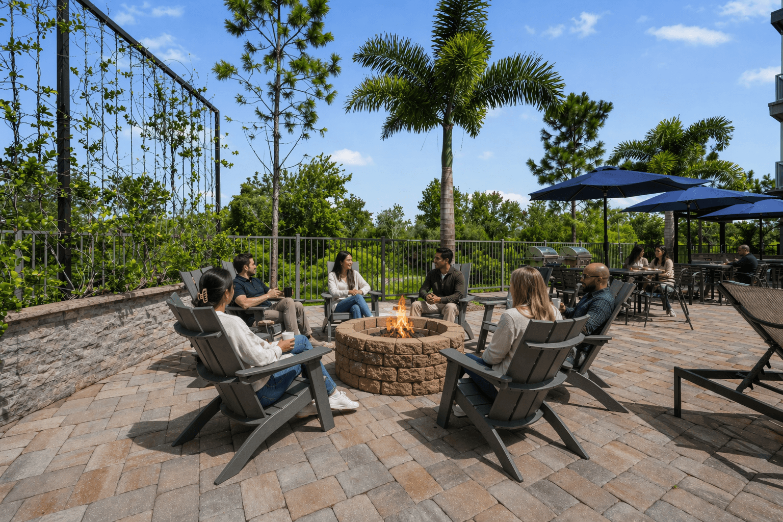 A group of people are sitting around a fire pit on a patio.